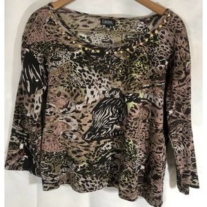 Cactus Womens Animal Print Embellished 3/4 Sleeve Brown Top Size L